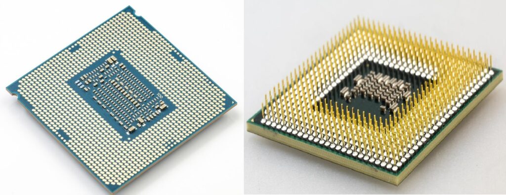 2 processor chip showing different sockets Pin Grid Array (PGA) and Land Grid Array (LGA)