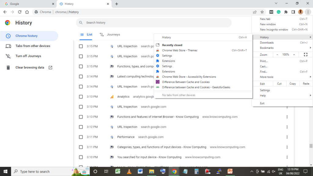 managing history in internet browser chrome