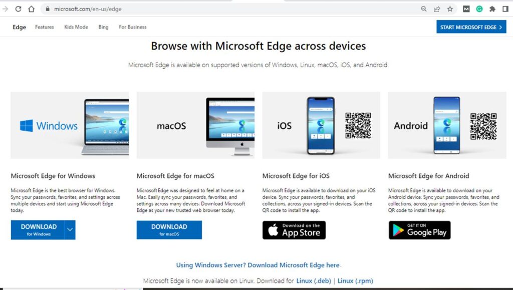 Downloading Microsoft Edge web page showing different devices