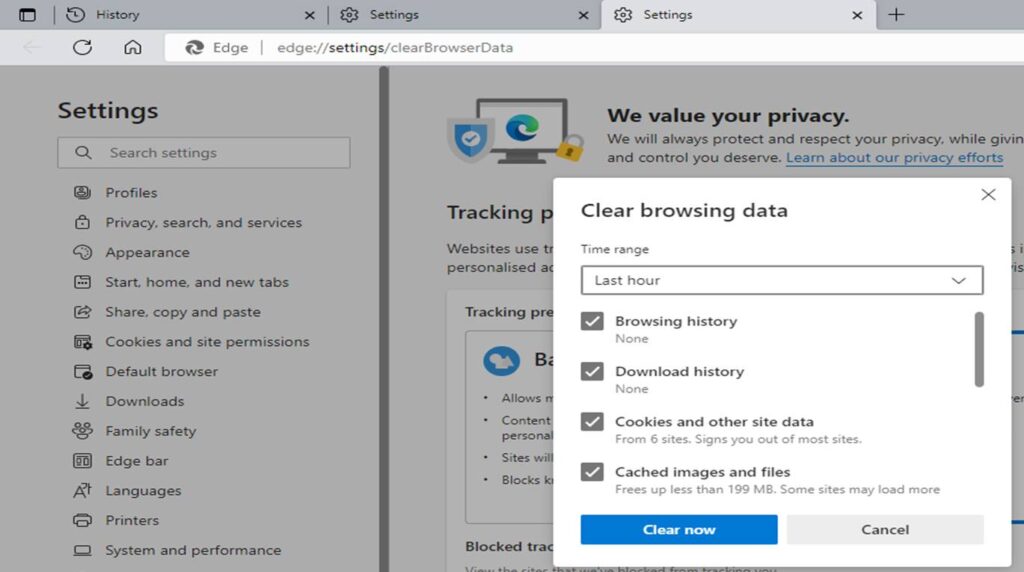 Clearing browsing history data on Edge