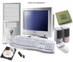 computer hardware system showing processor, hard disk, keyboard, mouse and speaker
