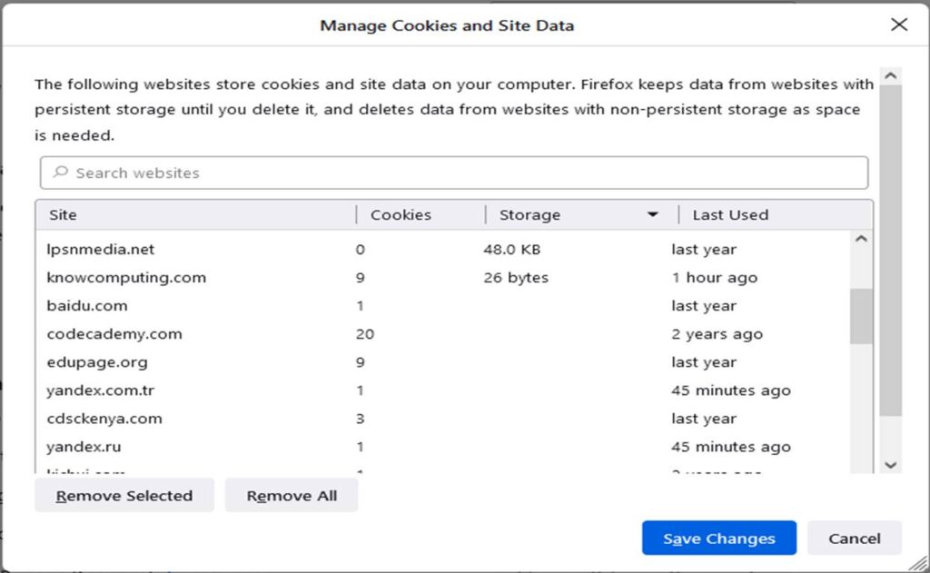 managing cookies and site data in Firefox