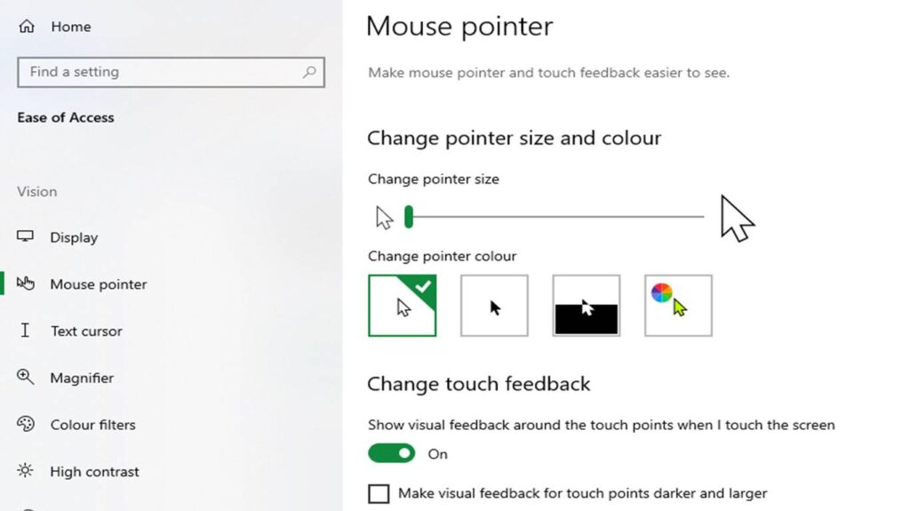 mouse pointer on ease of access tool settings