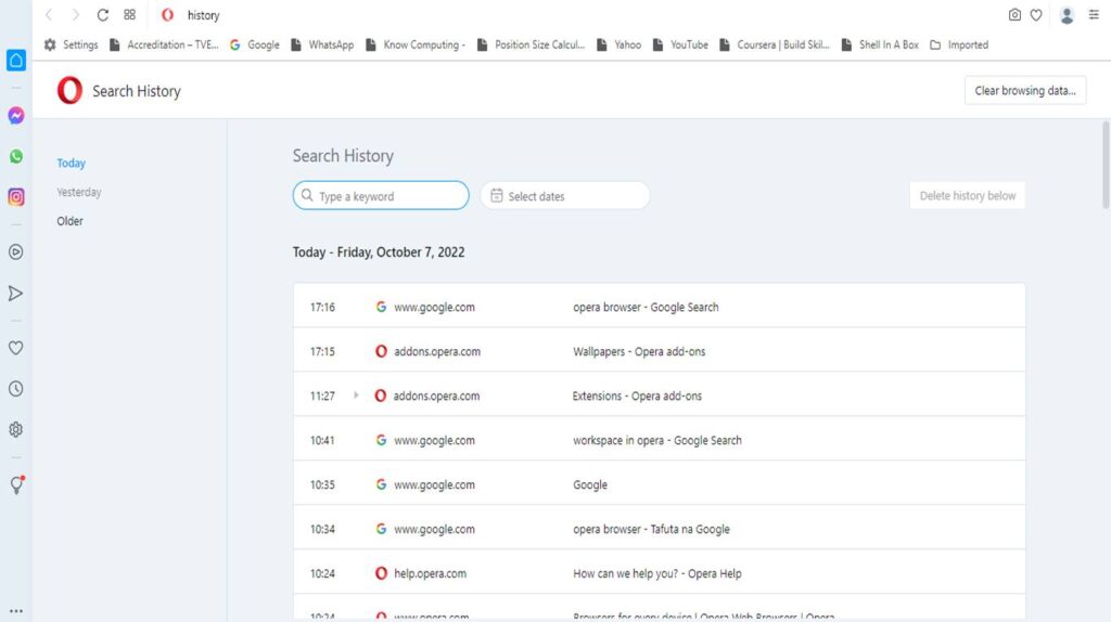 managing history data in opera browser