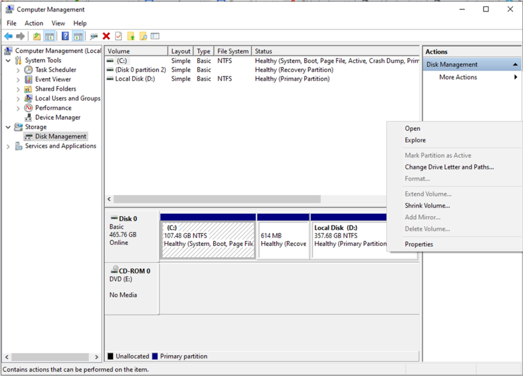 Disk management tool on windows OS