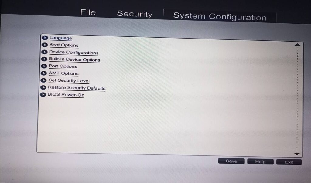 BIOS system configuration. it shows different BIOS setting options